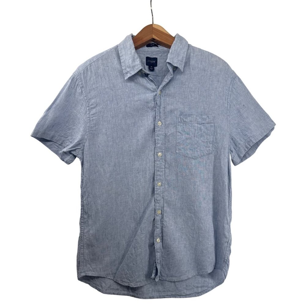 J.Crew Mens Shirt Sz M Slim Blue Short-Slv ButtonUp Linen Beachy Coastal Preppy